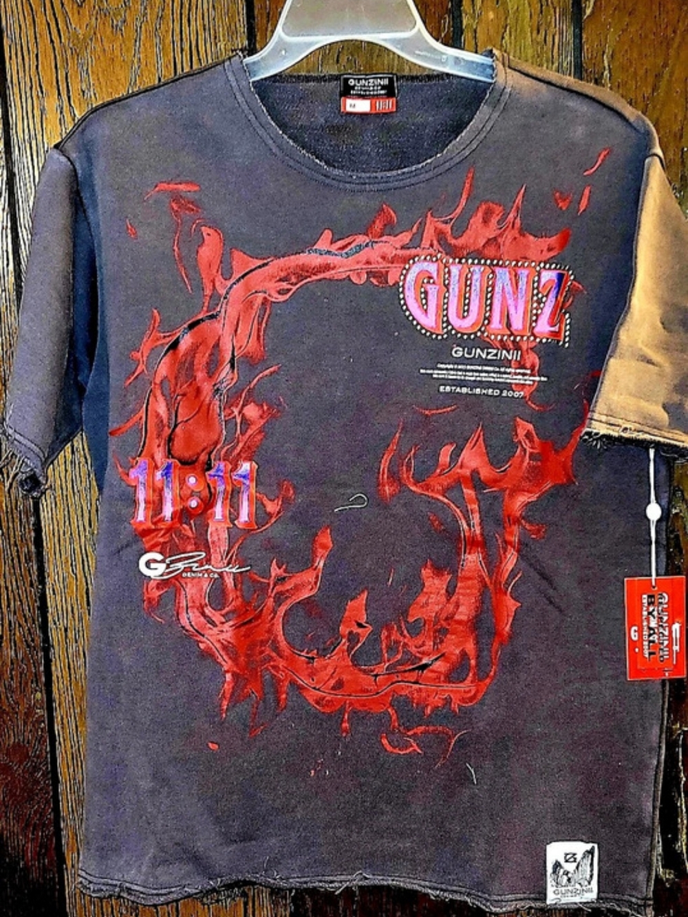 GUNZINII 11:11 Crew Neck Sweat Shirt Cut Sleeves Graphic Brown & Red Medium